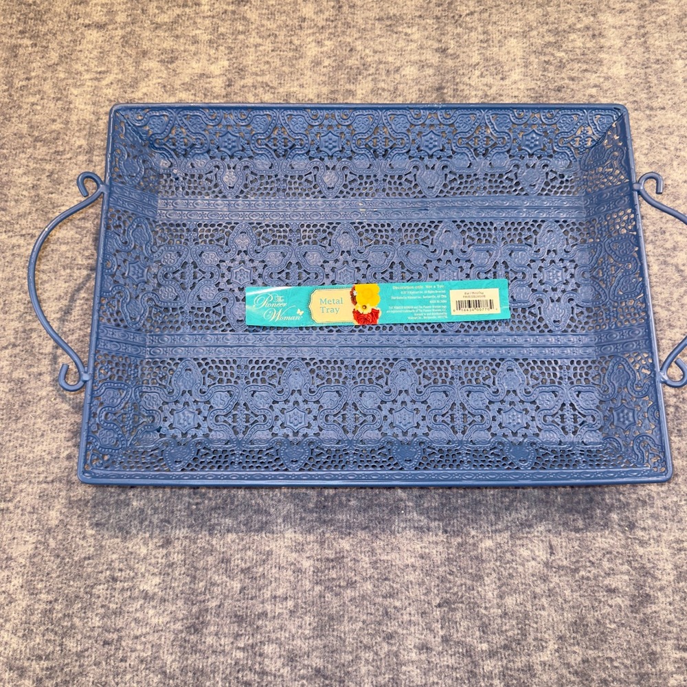 Pioneer Woman Metal Tray Blue Lace Filigree Rectangular Serving Decor Handles